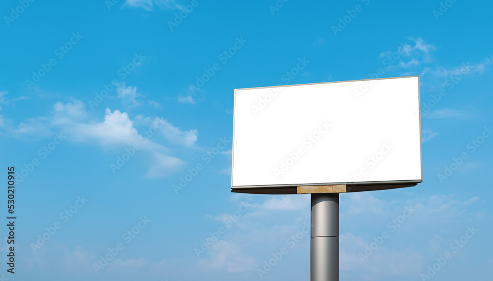 Blank billboard with empty screen over blue sky cloud background. For advertisement design or text. mockup template