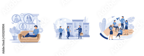 communication via the Internet, real estate business concept with houses, set flat vector modern illustration