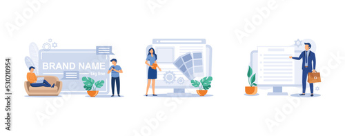 Brand identity. Naming and taglines, typography and identity guidelines, product slogan copywriting, web design, frontend development. set flat vector modern illustration