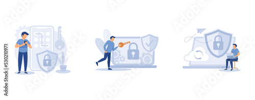 Data transfer . Secure web traffic, rights of access, secure file sharing, virtual private network, VPN, traffic analysis. set flat vector modern illustration