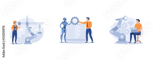 Smart industry development. Artificial intelligence in surgery. Robotics construction, collaborative robotics, remotely operated robots metaphors. set flat vector modern illustration