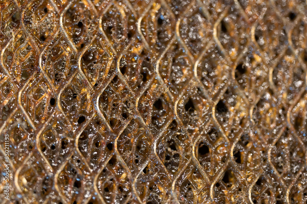 Selective focus macro of a dirty kitchen range hood filter clogged with grease.