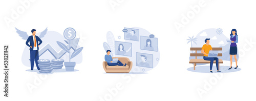 Business startup and communication. Angel investor, online meetup, startup hub, financial support, online crowdfunding. set flat vector modern illustration