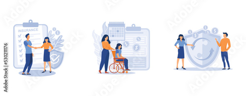 Risk insurance. Insurance broker, social and peer-to-peer paid benefit, emergency risk, unemployment and income loss. set flat vector modern illustration