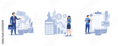 Accountancy service . Revenue agency, calculating loss, pay a balance owed, payroll account, tax law, calculate expenses. set flat vector modern illustration