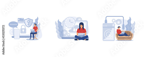 Data protection and recovery. Cyber security software, automatic backup, external hard drive, mobile phone synchronization. set flat vector modern illustration