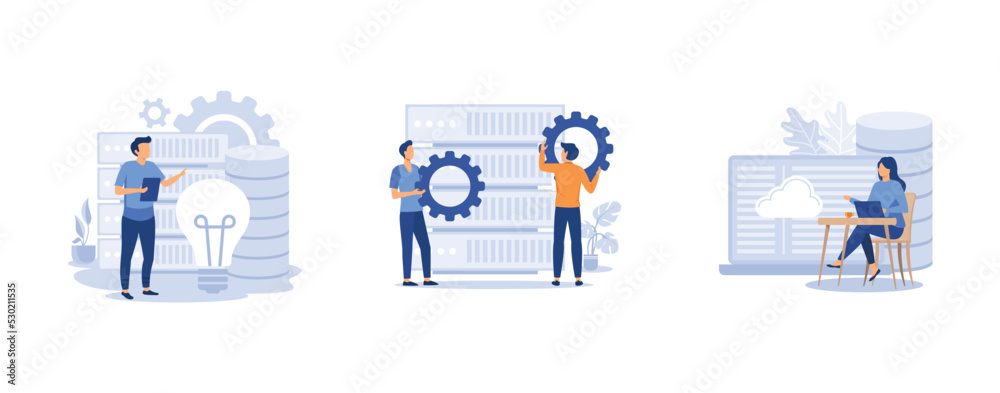 Big data business software. Innovative big data solutions, tools and programming, information visualization, analytics platform. set flat vector modern illustration