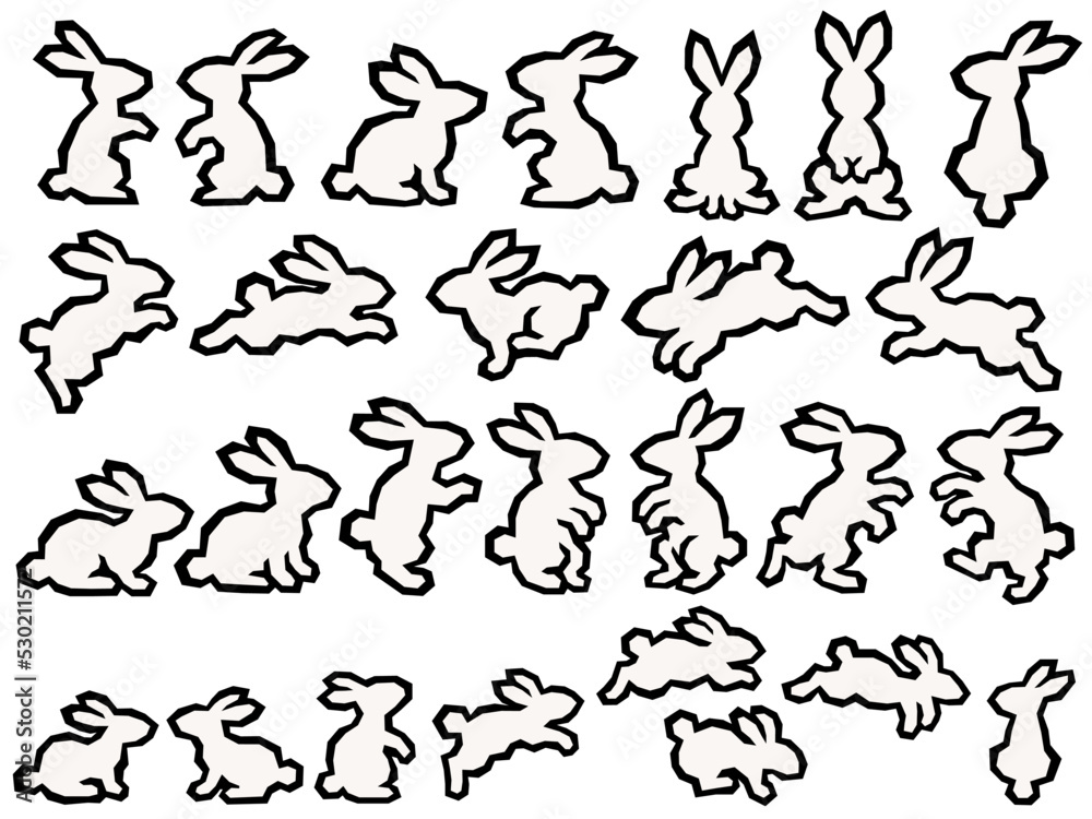 Naklejka premium 切り絵風の白うさぎのシルエットイラストセット