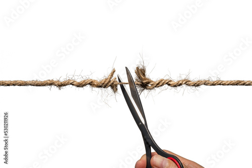 ロープを鋏で切る手