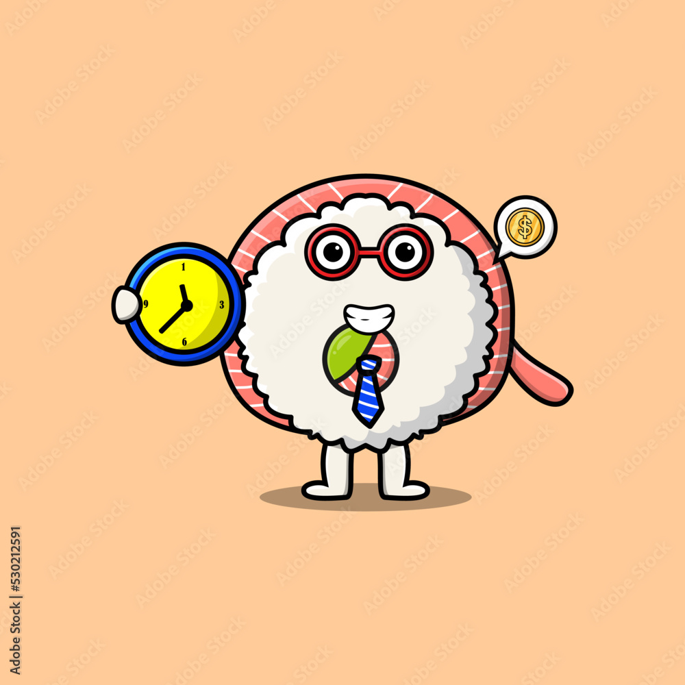 Cute cartoon rice sushi rolls sashimi character holding clock with happy expression