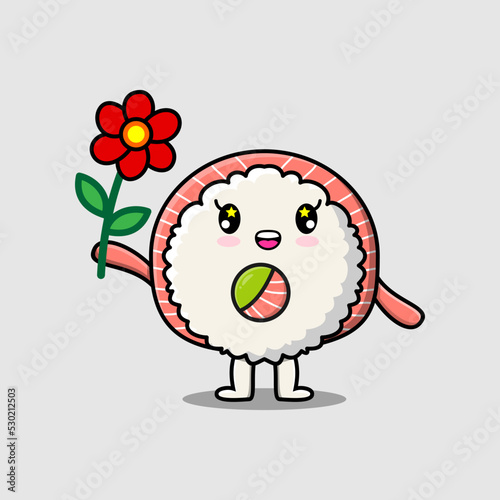 Cute cartoon sushi character holding red flower in concept flat cartoon style