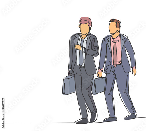 One single line drawing of two young male managers walking in hurry while looking at his watch try not be late for work. Urban commuter worker concept continuous line draw design vector illustration