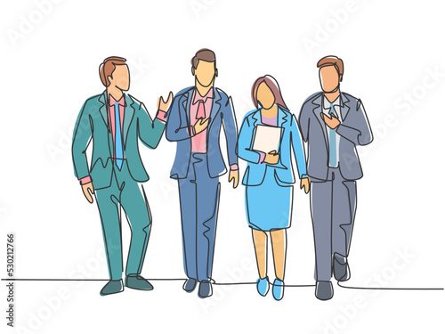 Single continuous line drawing of young businessman and businesswoman walking and talking together on office lobby. Urban commuter workers concept one line draw design vector illustration