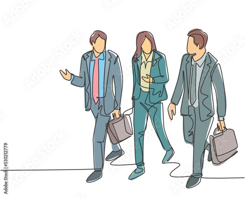 One continuous line drawing of young male and female managers talking and walking together on office parking area. Urban commuter workers concept single line draw design vector graphic illustration
