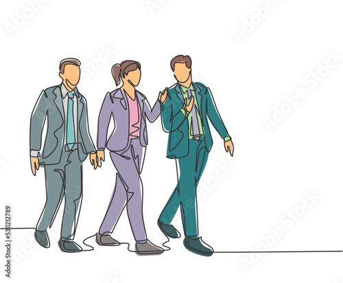 One continuous line drawing of young male and female managers talking and walking together on office lobby to go to canteen . Urban commuter workers concept single line draw design vector illustration