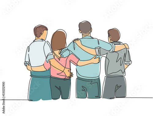 Single continuous line drawing about group of men and woman from multi ethnic standing and hugging together to show their unity bonding. Friendship concept one line draw design vector illustration
