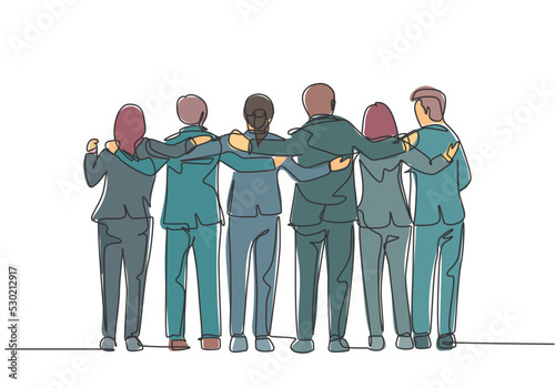 One single line drawing about group of men and woman from multi ethnic standing together to show their friendship bonding. Unity in diversity concept continuous line draw design vector illustration