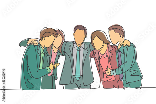 One continuous line drawing of young male and female business people posing hugging each other to celebrate their success. Business goal achievement concept single line draw design vector illustration