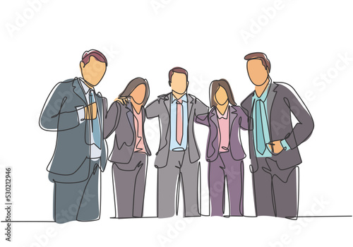 One continuous line drawing of young male and female business people from multi ethnic standing together and posing elegantly. Unity in diversity concept single line draw design vector illustration
