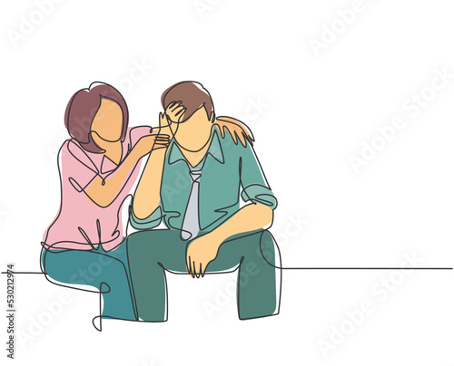 Single continuous line drawing of young female worker hugging and cheering her sad and despair office friend. Work partner support concept. Trendy one line draw design vector graphic illustration