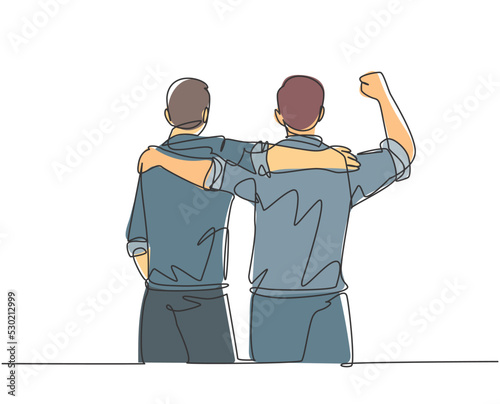 One continuous line drawing of two male workers at the office hugging and supporting each other for the success of their career. Friend support concept single line draw design vector illustration