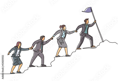 One continuous line drawing of male and female team member stick together follow their leader who holds flag to reach the top of the hill. Teamwork concept single line draw design vector illustration