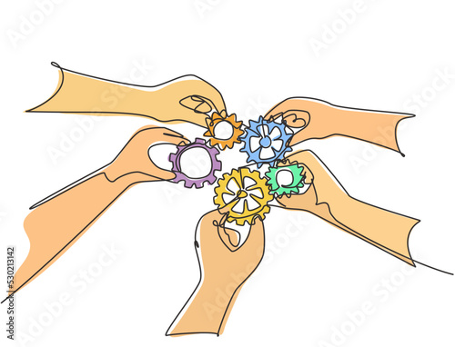 Single continuous line drawing of hand gesture male and female business team members unite piece of gears to one as team building symbol. Teamwork concept one line draw design vector illustration