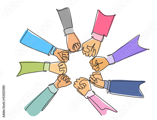 Single continuous line drawing group of young business people unite their hands together to form a circle shape as a unity symbol. Teamwork concept one line draw graphic design vector illustration
