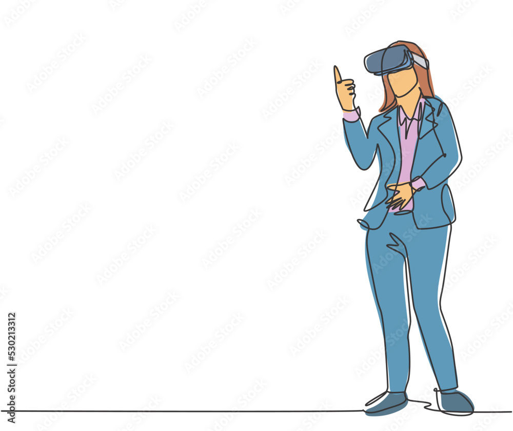 Single continuous line drawing of young businesswoman giving thumb up gesture after successful finishing level at game. Virtual reality game player concept one line draw design vector illustration
