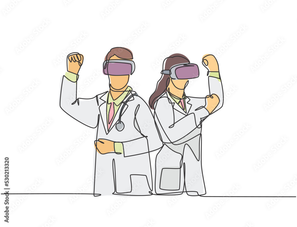 One continuous line drawing of two young male and female doctor playing adventure game using virtual reality devices. Modern video game player concept single line draw design vector illustration