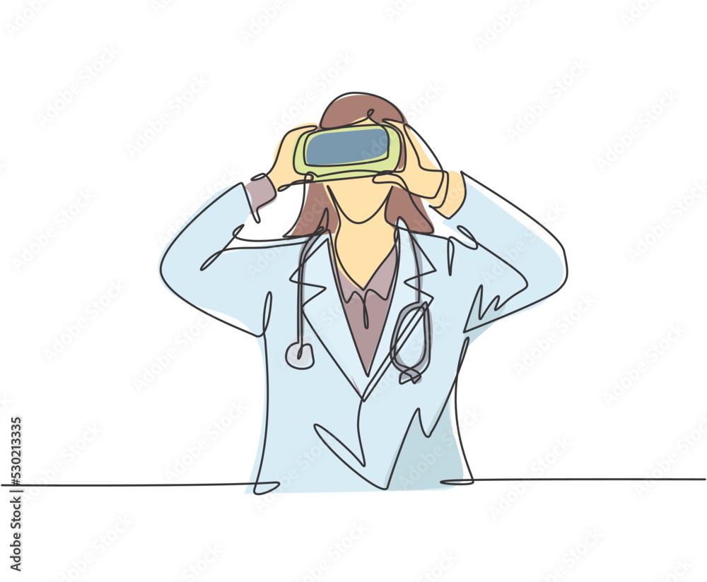One single line drawing of young happy female doctor looking digital visual data using virtual reality goggles. Smart technology game player concept continuous line draw design vector illustration
