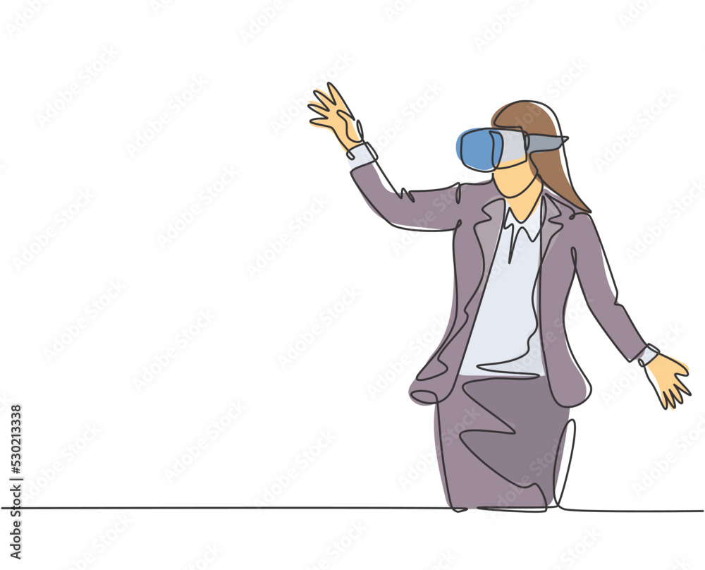 Single continuous line drawing of young happy businesswoman reaching something while playing simulation game. Virtual reality game player concept. Modern one line draw design vector illustration Single continuous line drawing of young happy businesswoman reaching something while playing simulation game. Virtual reality game player concept. Modern one line draw design vector illustration