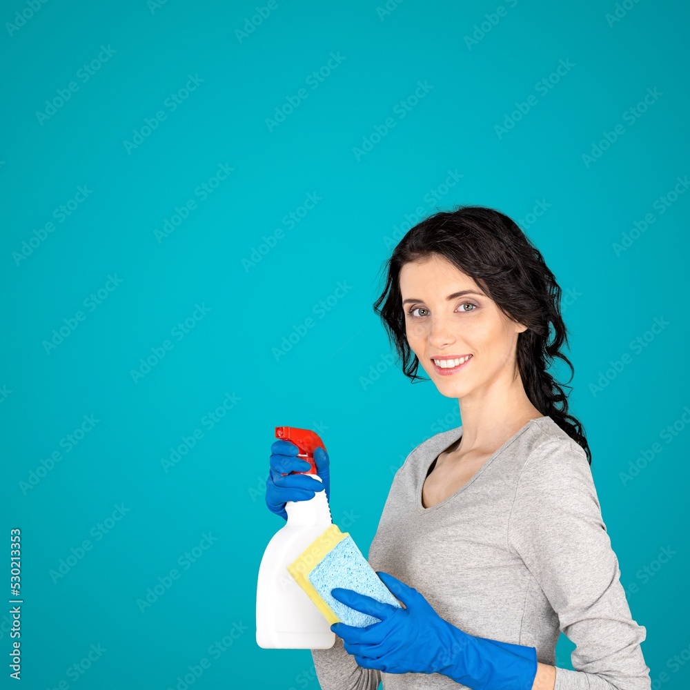 Young woman cleaner posing on the background Young woman cleaner posing on the background