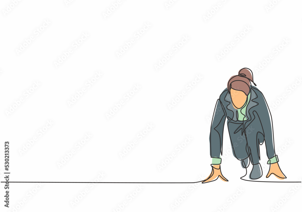 One continuous single line drawing of young happy businesswoman gets ready to doing sprint run on running track, from front view. Business race concept single line draw design vector illustration