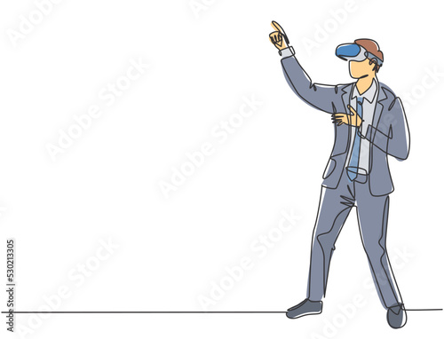 One continuous line drawing of young happy businessman simulates to press button on virtual reality goggles. Modern augmented reality video game concept single line draw design vector illustration