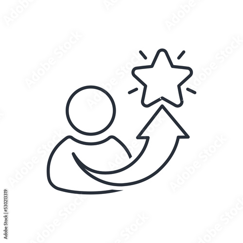 A man and an arrow leading to a star. Growth of opportunities. Personal achievement. Vector linear icon isolated on white background.