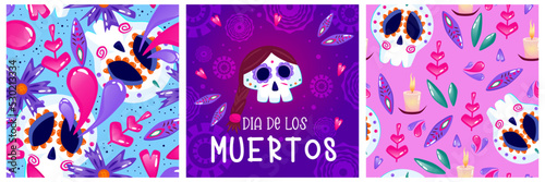 Muertos poster set, day dead with skull on purple background. Halloween costume. Cartoon vector illustration. Holiday Muertos background. Mexico catrina skeleton seamless pattern