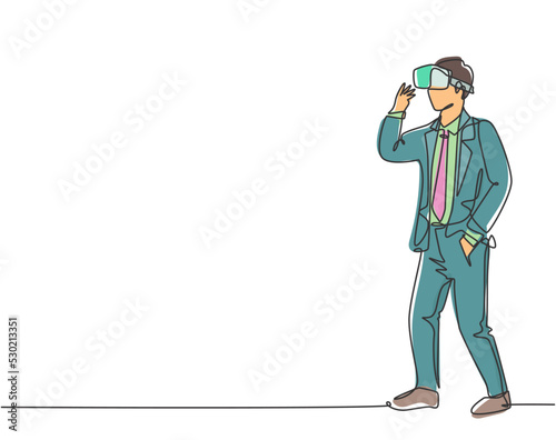 One continuous line drawing of young happy businessman ready to play virtual reality game simulation. Modern futuristic video game concept single line draw design graphic vector illustration