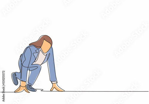 Single continuous single line drawing of young happy businesswoman get ready to sprint run on running track, from side view. Business race competition concept one line draw design vector illustration