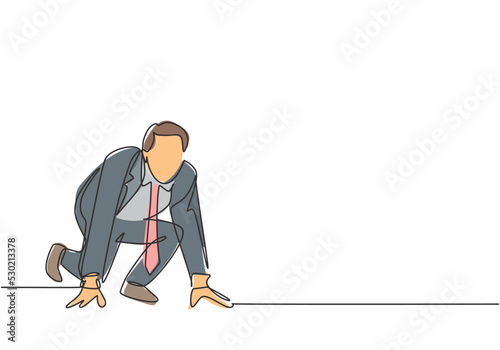 Single continuous single line drawing of young happy businessman get ready to sprint run on running track, from front view. Business race competition concept one line draw design vector illustration