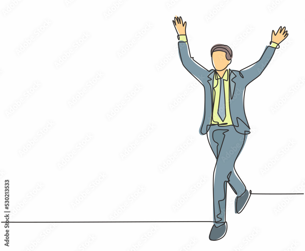Single continuous single line drawing of young happy male manager running and open his hands after cross the finish line. Business race competition concept one line draw design vector illustration Single continuous single line drawing of young happy male manager running and open his hands after cross the finish line. Business race competition concept one line draw design vector illustration