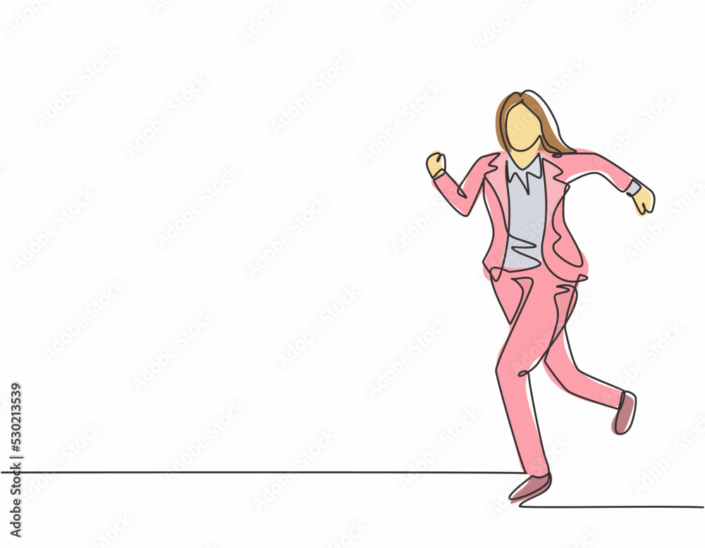 Single continuous single line drawing of young woman urban commuter worker running in rush at city road to get to the office on time. Employee in hurry concept one line draw design vector illustration Single continuous single line drawing of young woman urban commuter worker running in rush at city road to get to the office on time. Employee in hurry concept one line draw design vector illustration