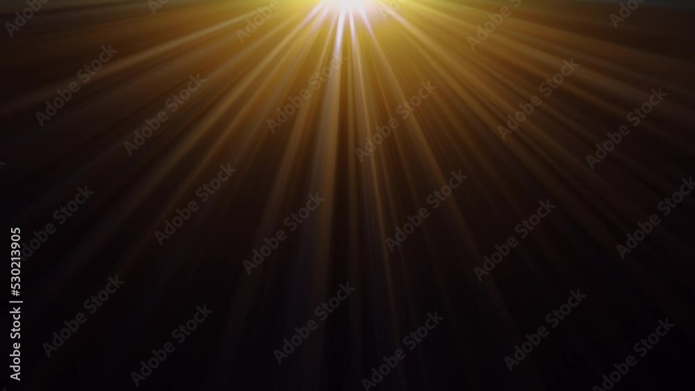 Abstract top center golden Shining light beams. 4K seamless loop ray light beams animation. Gold light flare glowing on top on black background. Rays of light on center top.
