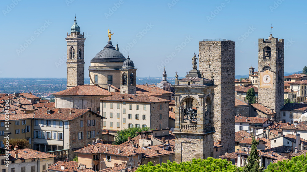 Bergamo, Italy. Landscape at the towers and bell towers of the old town. One of the most beautiful cities in Italy