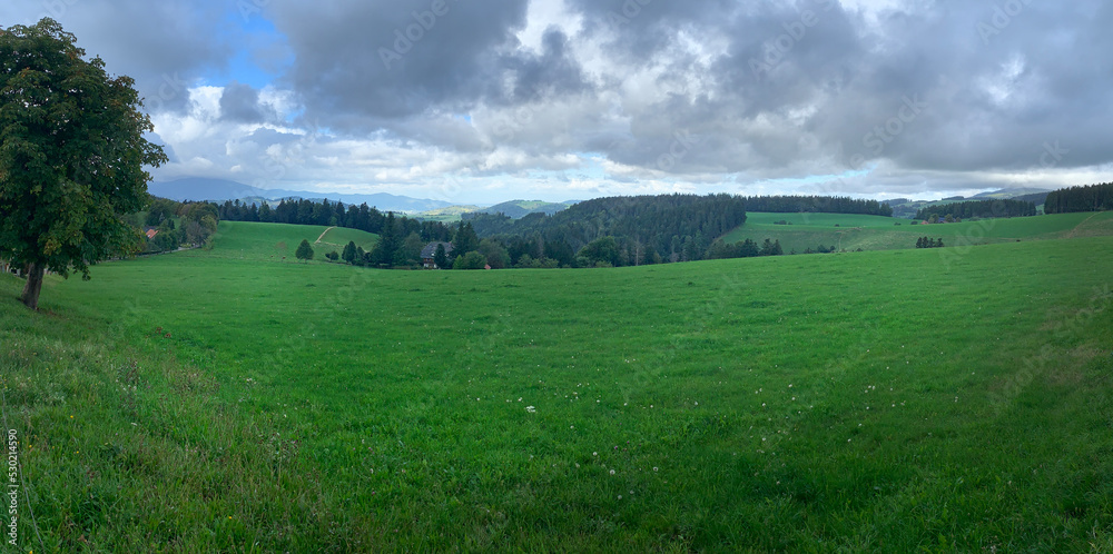 Eine Landschaft im Spätsommer, im Schwarzwald, in Deutschland. Dunkle Wolken sind über der Landschaft zu sehen. Eine Landschaft im Spätsommer, im Schwarzwald, in Deutschland. Dunkle Wolken sind über der Landschaft zu sehen.