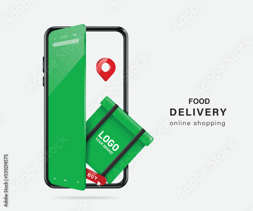 Green square-shaped bag or food container and a buy icon are placed on bottom and there is a pin for rider food delivery location. All were on the smartphone screen that was ajar like opening door