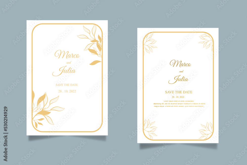 wedding invitation card template set with golden floral decoration. Abstract background save the date, invitation, greeting card, multi-purpose vector