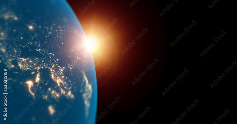 3D Rendering of planet earth, Night view with glowing sun on horizon. For global network and telecommunication, cryptocurrency, blockchain and IoT, technology background. Elements furbished by NASA 3D Rendering of planet earth, Night view with glowing sun on horizon. For global network and telecommunication, cryptocurrency, blockchain and IoT, technology background. Elements furbished by NASA