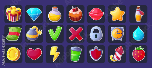 Game icons. Vector cartoon character set for GUI role playing computer or mobile game.