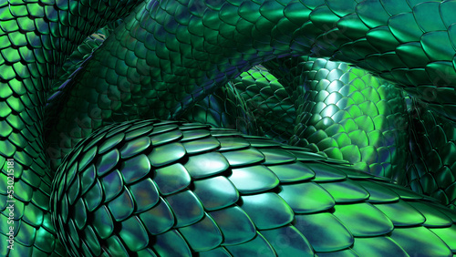 Tangled snakes with green metallic scales. Fantasy background. 3D rendered image.